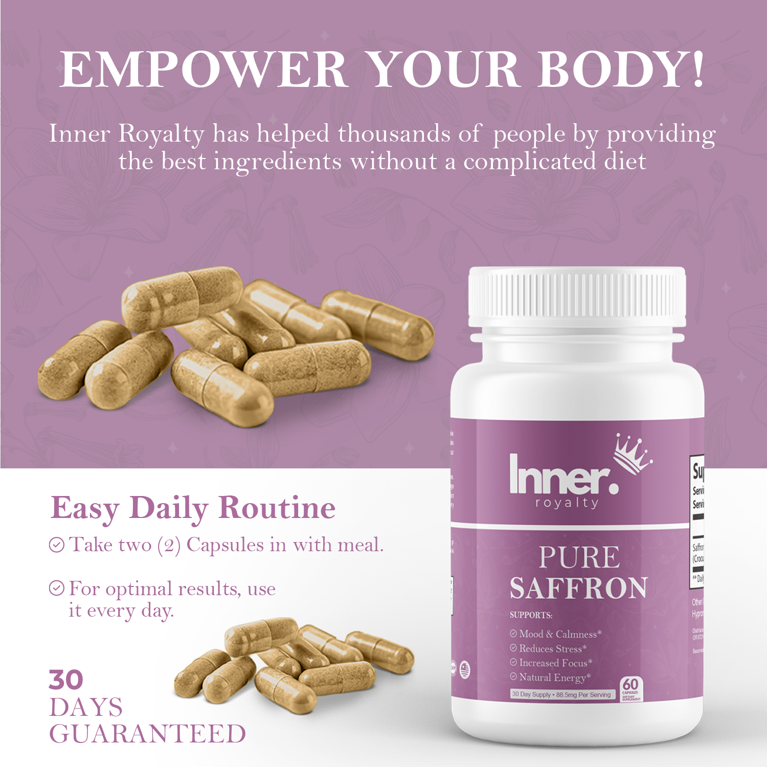 Inner Royalty’s Pure Saffron - Supports Mood Calmness Reduces Stress & Increases Focus Natural Energy - 60 Servings