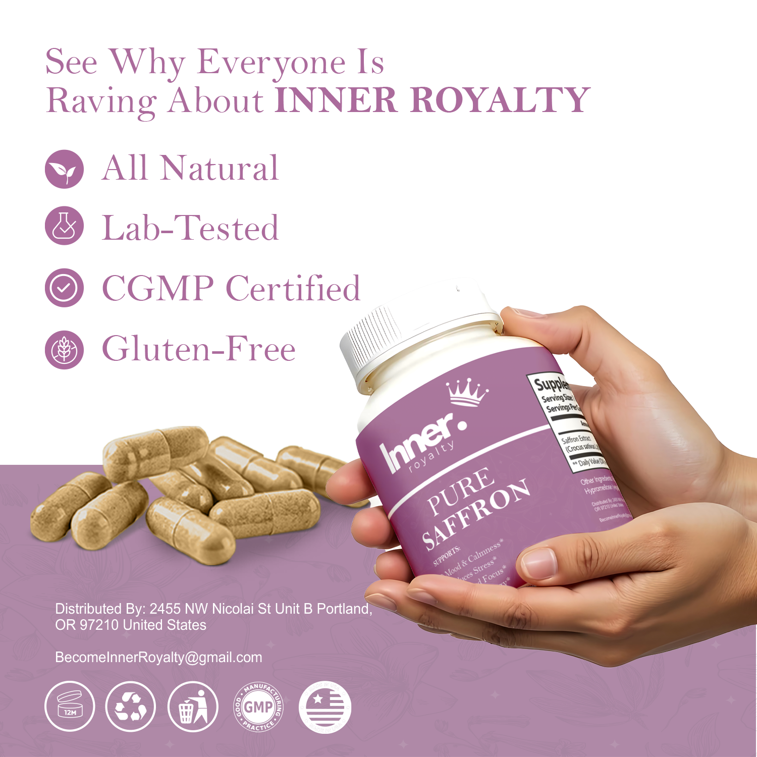 Inner Royalty’s Pure Saffron - Supports Mood Calmness Reduces Stress & Increases Focus Natural Energy - 60 Servings